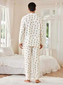 CoupledUp Cute Blue Bear Print Lapel Cardigan Men Sleepwear Set