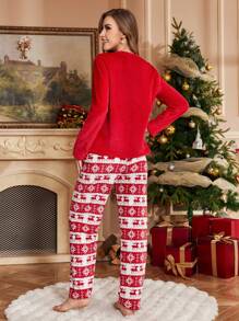 圣诞图案印花法兰绒睡衣套装，女装 - 紅色 - 查看 2