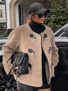 Chiquease Women's Soft Fuzzy Metal Clasp Design Casual Open Front Jacket - Brown - View 1