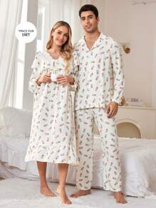 CoupledUp Cute Blue Bear Print Lapel Cardigan Men Sleepwear Set