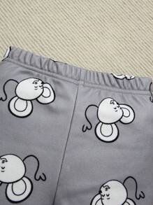 SHEIN 2 件套婴儿男孩绿色简约可爱老鼠印花图案长袖上衣和裤子家居服，舒适贴身 - 灰色 - 查看 5