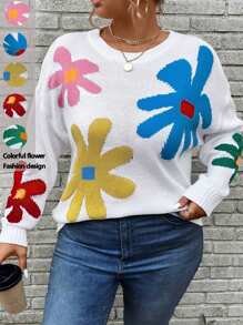 SHEIN Unity Plus Size Floral Print Crew Neck Long Sleeve Sweater Knit Pullover Fall Winter - White - View 8