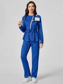 TaskEZ Women's Scrub Uniform Top With Zipper Placket And Ruffle Hem, Autumn - Blue - View 6