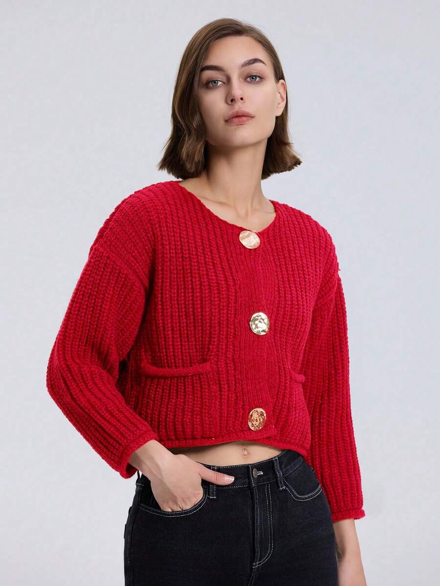 休闲纯色前扣落肩宽松开衫，带口袋，适合秋冬季日常穿着 - 紅色 - 查看 1