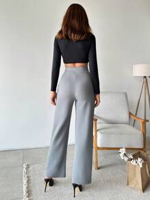 SHEIN Cottnline Women Solid Color High Waist Straight Pants - Grey - View 2