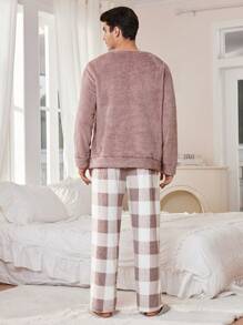 男士纯色毛绒上衣和格子裤家居服套装（2件套），秋冬装，蓬松舒适 - 藕粉色 - 查看 3