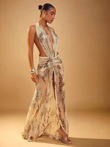 Hauture Women's Snake Skin Print Ruched Backless Slit Hem Halter Dress