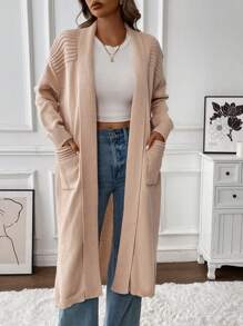 SHEIN LUNE Áo khoác cardigan dài hai túi màu trơn thường ngày cho nữ, mùa thu/đông - Màu be - Xem 4