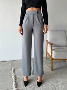 SHEIN Cottnline Women Solid Color High Waist Straight Pants - Grey - View 3