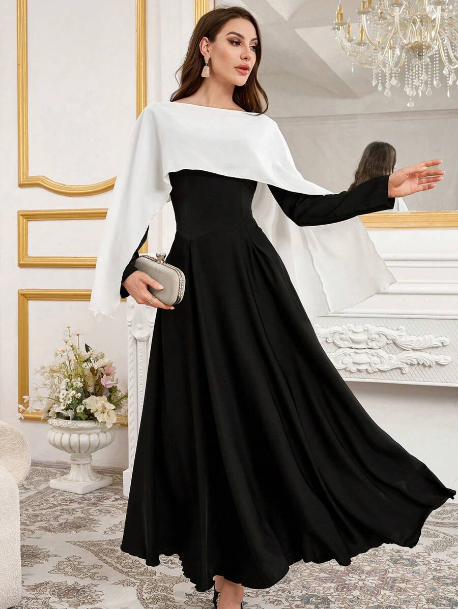 Modelyn Đầm dạ hội dài thanh lịch kết hợp đen trắng xếp ly cho nữ - màu đen - Xem 1