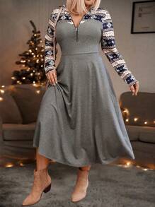 Plus Size Women's Snowflake Pattern Zip-Up Half-Placket Long Sleeve Casual Dress,Christmas