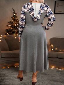 Plus Size Women's Snowflake Pattern Zip-Up Half-Placket Long Sleeve Casual Dress,Christmas