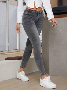 SHEIN Essnce Quần Jeans Denim Giặt Thường Ngày Túi Nút Phía Trước Cho Nữ, Mặc Hàng Ngày - Xám - Xem 3