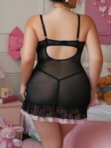 PetitDoll 2pcs/Set Plus Size Lace Contrast Mesh Babydoll Lingerie Dress + G-String
