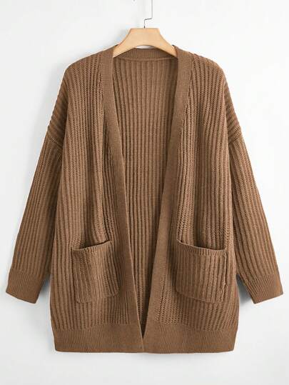 SHEIN LUNE Plus Size Cu mânecă lungă cu buzunare în față deschisă, Top simplu, îmbrăcăminte casual, pentru iarnă