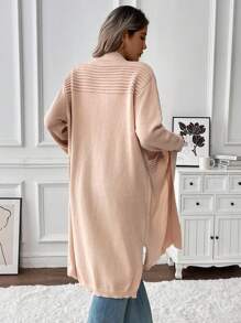 SHEIN LUNE Áo khoác cardigan dài hai túi màu trơn thường ngày cho nữ, mùa thu/đông - Màu be - Xem 2