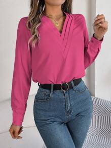 Elegant Solid Color Triple V-Neck Long Sleeve Blouse, Spring/Summer - 玫紅色 - 查看 4