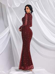 QOQ Vestido de cola de pez de manga larga con cuello alto, unicolor elegante, con adornos de strass, adecuado para banquetes, galas, fiestas de cumpleaños y otras ocasiones de boda - Burdeos - Ver 3