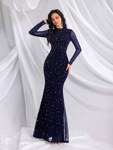 Elisanya Elegant Temperament Solid Color Hot Drill Rhinestone Stand Collar Long Sleeve Mermaid Gown Dresses For Banquet, Evening Party, Birthday Party - Navy Blue - View 4