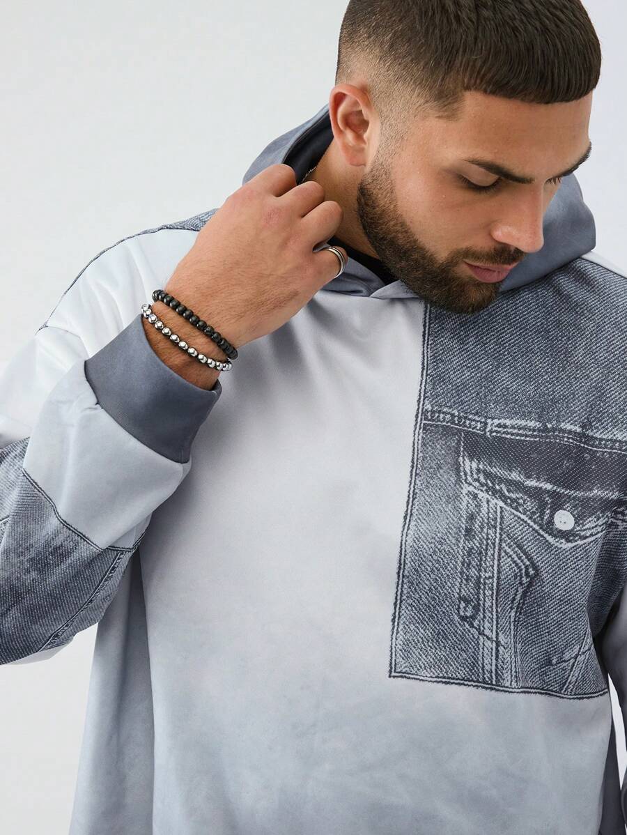 Manfinity VCAY Plus Size Men's Knit Long Sleeve Gradient Hooded Sweater With Denim Effect Pockets, For Fall Winter - Grey - View 1