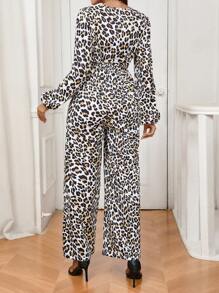 SHEIN Fashionable V-Neck Leopard Print Long Sleeve Wide Leg Jumpsuit, For Maternity - Multicolor - View 2
