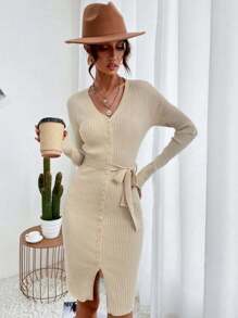 SHEIN LUNE 女士 V 领长袖单排扣休闲针织毛衣连衣裙，秋冬 - 杏色 - 查看 5