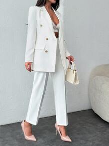 EURMUSE Women Simple Business Solid Color Lapel Neck Double Breasted Blazer And Pants - White - View 3