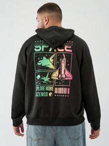 Manfinity VCAY Plus Size Men's Loose Knit Airplane Letter Colorful Gradient Long Sleeve Hoodie, For Fall Winter - Black - View 5