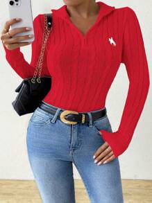 SHEIN Unity Autumn/Winter Slouchy Horse Logo Half Zip Cable Knitted Sweater For New Year , Long Sleeve Top Fall - Red - View 5