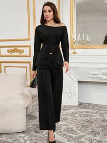 Modelyn 2 bộ đồ nữ màu trơn cổ bẻ dài tay xếp ly và quần thanh lịch, bộ 2 món mùa thu - màu đen - Xem 7