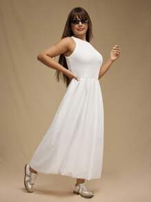 SHEIN Unity Plus Size Women's Fashion Solid Color A Line Sleeveless Dress - White - View 3