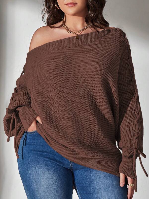 Elenzga Plus Size Solid Off Shoulder Drawstring Sweater, Multi-Color Knit Pullover Fall Winter Outfit