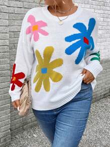 SHEIN Unity Plus Size Floral Print Crew Neck Long Sleeve Sweater Knit Pullover Fall Winter - White - View 4