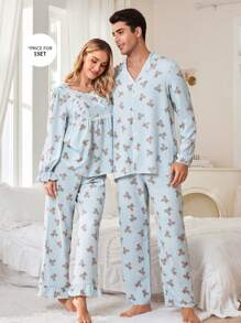 CoupledUp 浪更小熊印花翻领纽扣前男式睡衣套装 - 淺藍色 - 查看 6