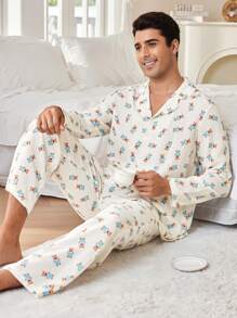 CoupledUp Cute Blue Bear Print Lapel Cardigan Men Sleepwear Set