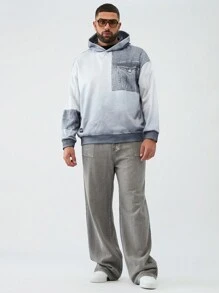 Manfinity VCAY Plus Size Men's Knit Long Sleeve Gradient Hooded Sweater With Denim Effect Pockets, For Fall Winter - Grey - View 2