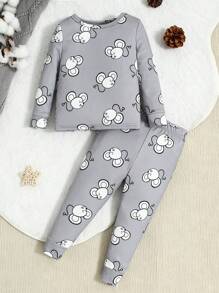 SHEIN 2 件套婴儿男孩绿色简约可爱老鼠印花图案长袖上衣和裤子家居服，舒适贴身 - 灰色 - 查看 8