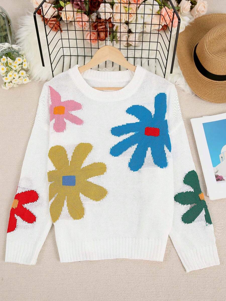 SHEIN Unity Plus Size Floral Print Crew Neck Long Sleeve Sweater Knit Pullover Fall Winter - White - View 1