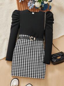 SHEIN Leap Crew Tween Girl Union Leisure Simple Puff Sleeve Houndstooth Patchwork Bodycon Mini Dress - Black - View 1