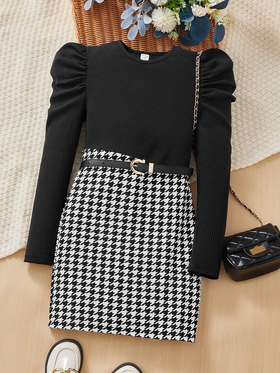 SHEIN Leap Crew Tween Girl Union Leisure Simple Puff Sleeve Houndstooth Patchwork Bodycon Mini Dress - Black - View 1