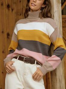 LanaWest Women's Casual Color Block Striped Turtleneck Sweater, Autumn/Winter, Knit Pullover Fall - Multicolor - View 6