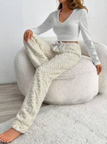 SHEIN Cottnline Women Textured With Ribbon Detail Homewear Sleep Bottom - White - View 1