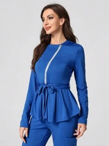 TaskEZ Women's Scrub Uniform Top With Zipper Placket And Ruffle Hem, Autumn - Blue - View 7