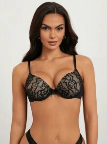 1pc Lace Cup Underwired Bra Set - Black - View 3
