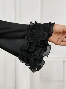 SHEIN Maternity Round Neck Long Sleeve Ruffle Hem Minimalist Casual Long Dress - Black - View 4