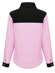 Fashion Women Contrast Color Patchwork Button Front Shirt - Pink - View 3
