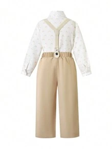 2 件套年轻男孩休闲领结印花长袖衬衫和背带裤套装，适合春秋季节 - 卡其色 - 查看 2