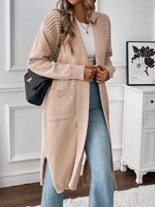 SHEIN LUNE Áo khoác cardigan dài hai túi màu trơn thường ngày cho nữ, mùa thu/đông - Màu be - Xem 3
