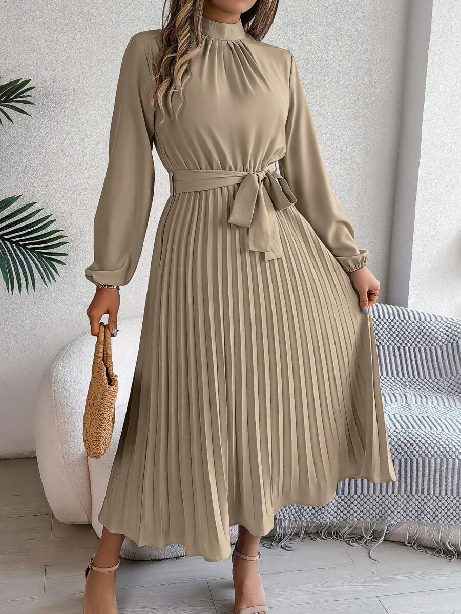 Spring/Summer Casual Elegant Tie-Front Pleated Swing Dress - Apricot - View 1
