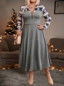 Plus Size Women's Snowflake Pattern Zip-Up Half-Placket Long Sleeve Casual Dress,Christmas